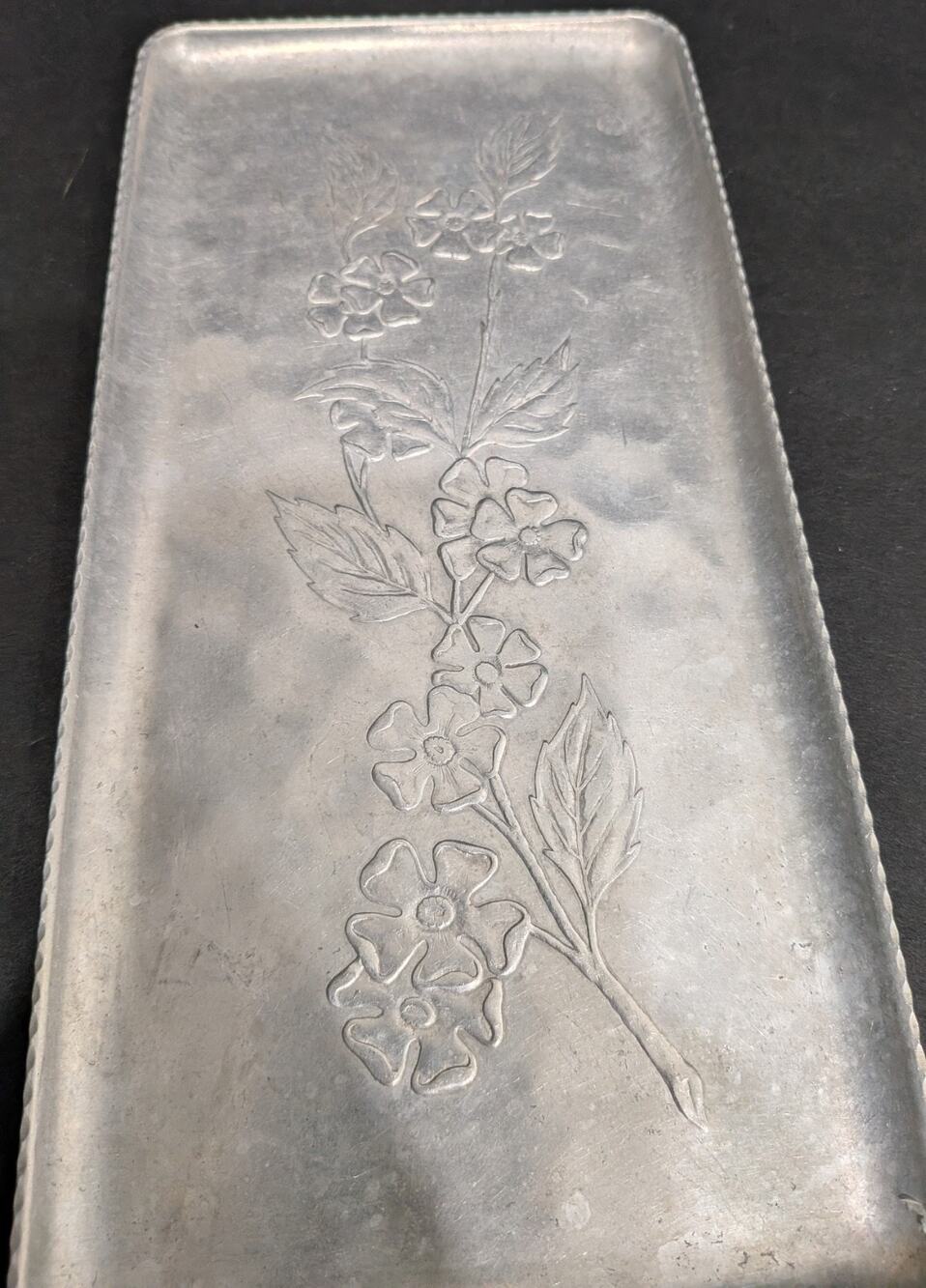 Vintage 11" Hammered Aluminum Tray Embossed Dogwood Floral Cottagecore Vanity